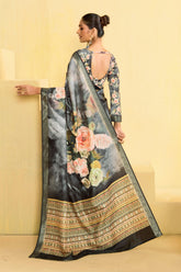 Grey Tussar Silk Floral Print Saree